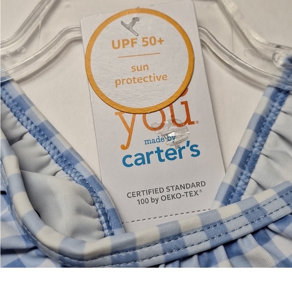 New! Carter's Baby Girl One Piece Swimsuit Blue Gingham Plaid Ruffle & Bow - Picture 7 of 7